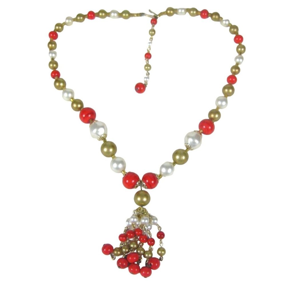 Imitation Pearl Beaded Necklace 18 inch Goldtone Strand Mid Century MOD Tassel